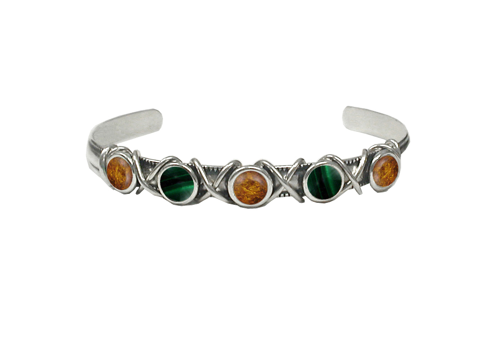 Sterling Silver Cuff Bracelet With Amber And Malachite